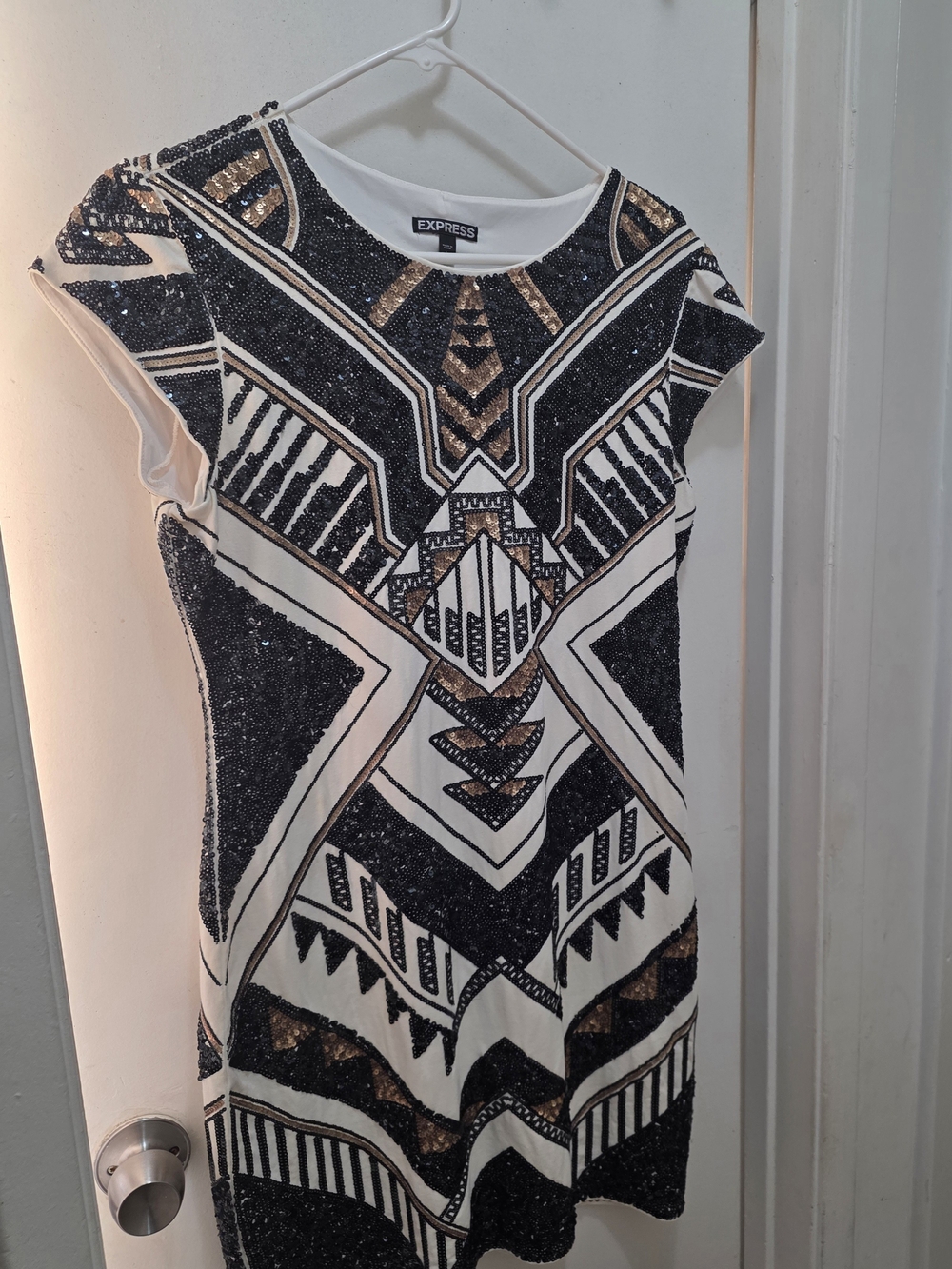 Express Women’s White Sequin Geometric Short Sleeve Dress
